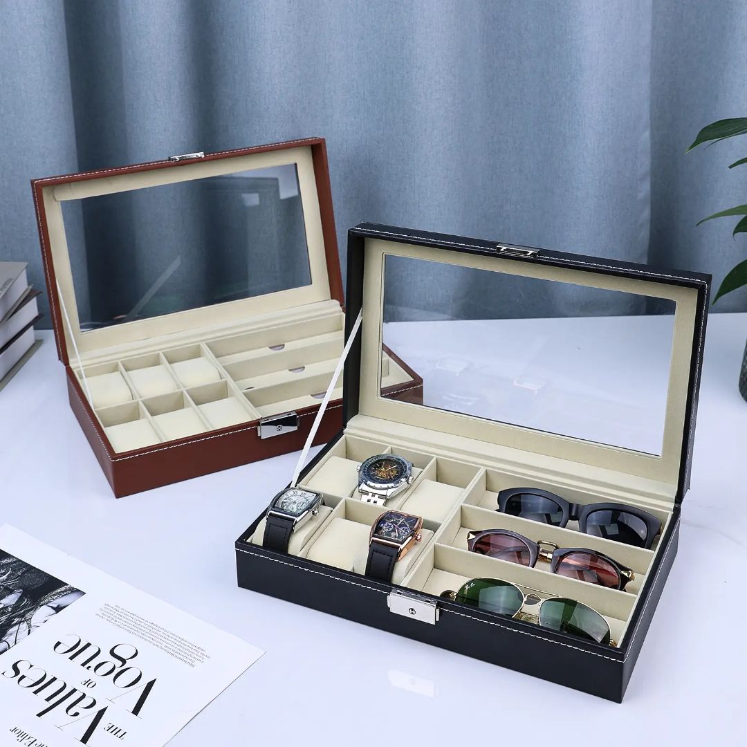 Unisex Watch Box and Sunglass Case Organizer with 6 Slots for Watches and 3 Slots for Sunglasses
