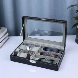 Unisex Watch Box and Sunglass Case Organizer with 6 Slots for Watches and 3 Slots for Sunglasses
