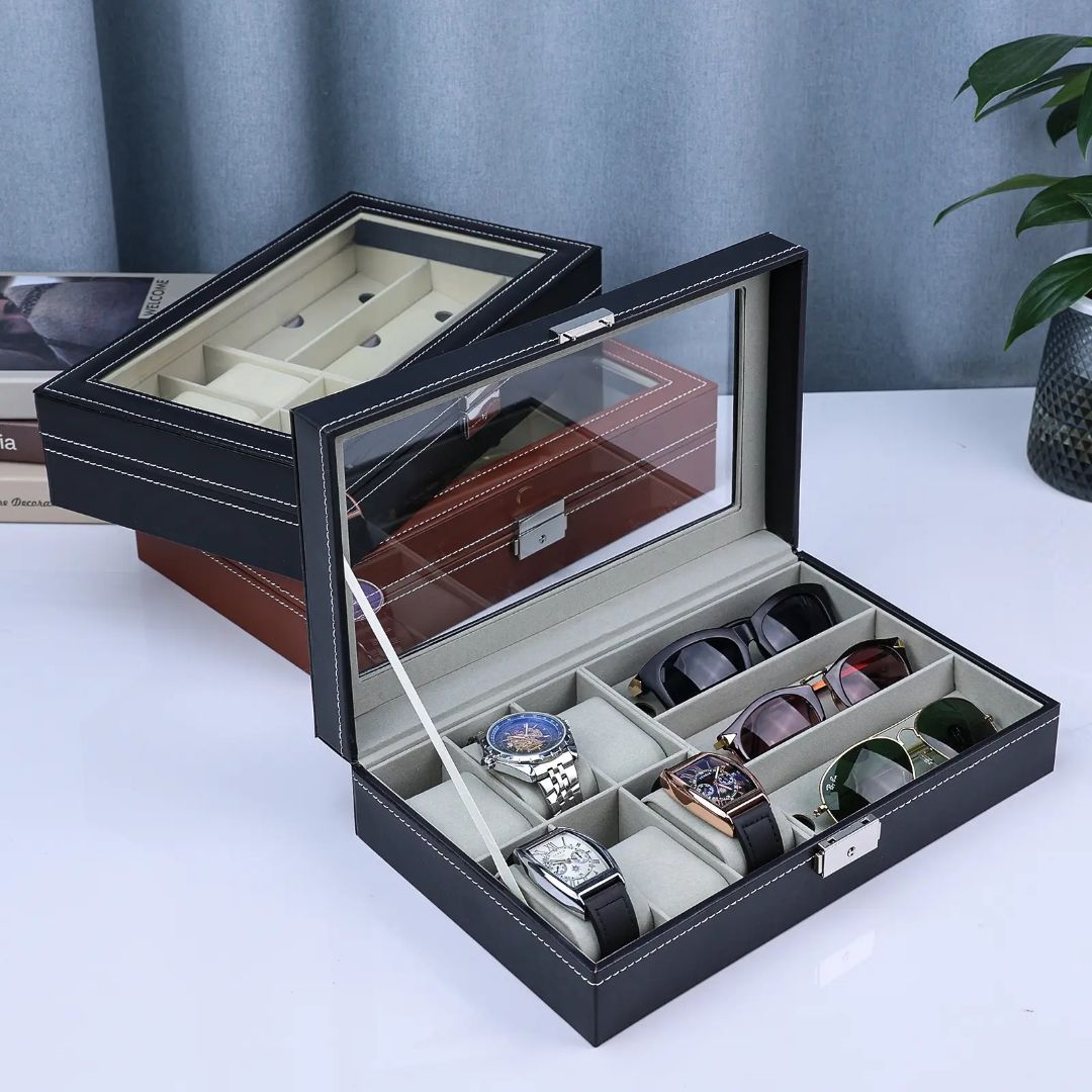 Unisex Watch Box and Sunglass Case Organizer with 6 Slots for Watches and 3 Slots for Sunglasses