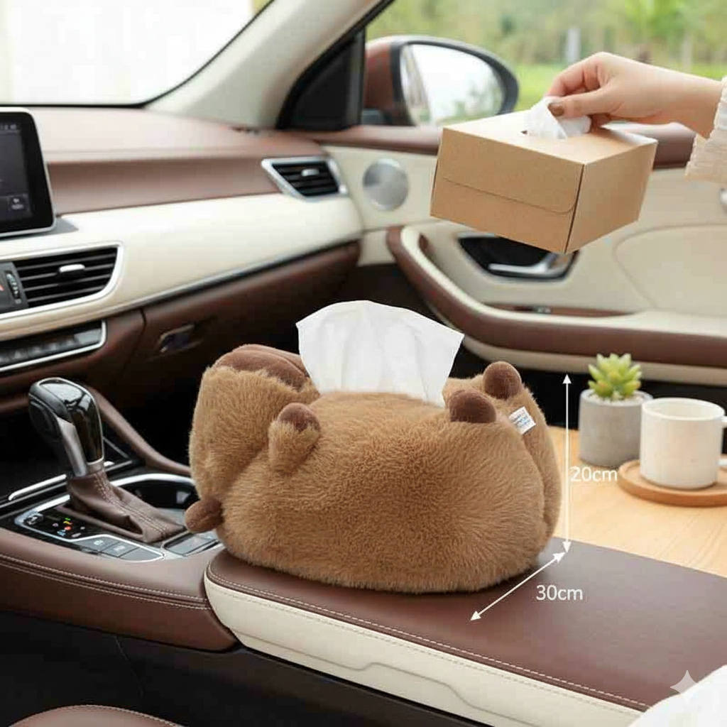 Plush Capybara Car Tissue Box Holder – Soft Animal Headrest & Armrest Paper Dispenser for Home and Vehicle
