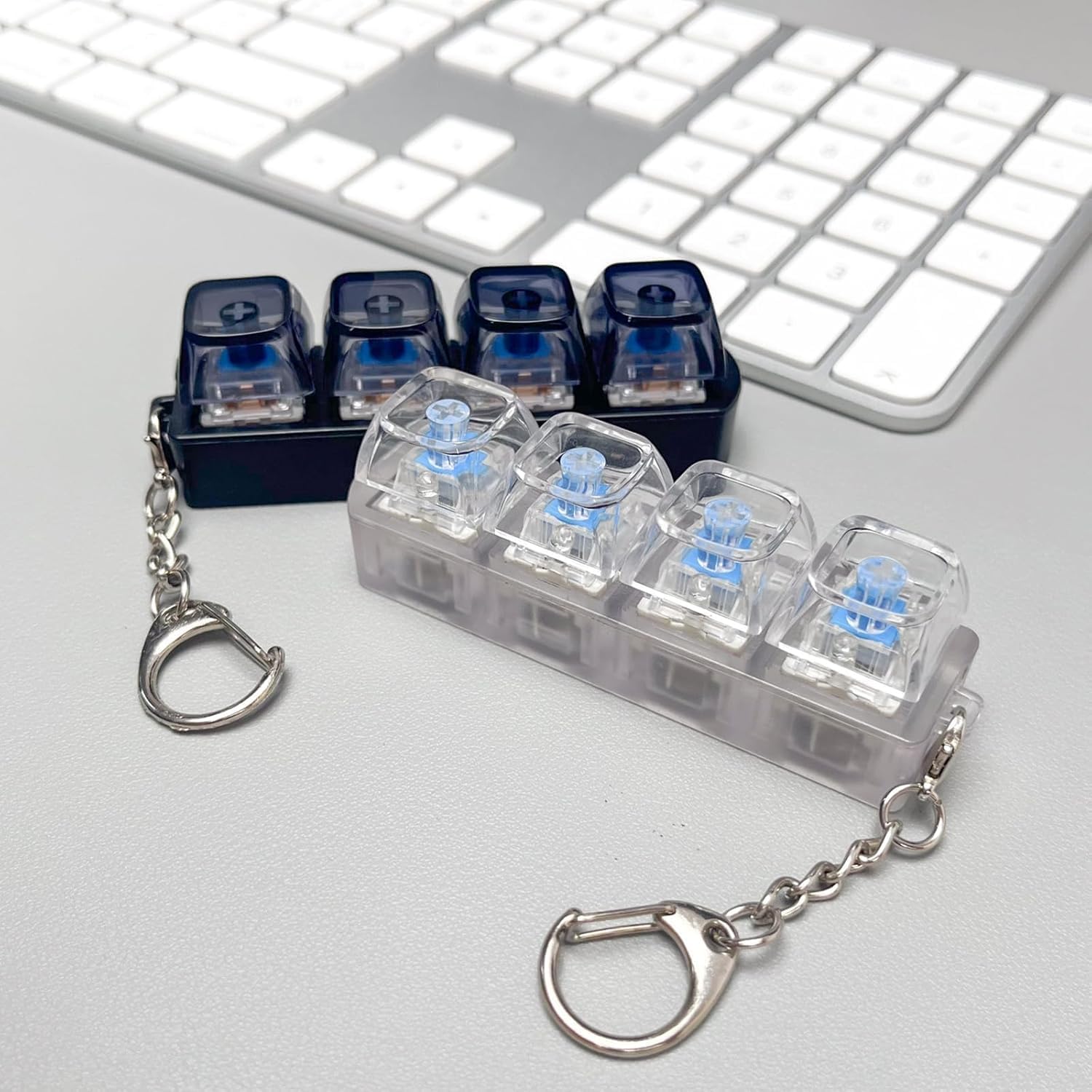 4-Key Mechanical Keyboard Keychain – Clear Acrylic Fidget Toy with Clicky Blue Switches