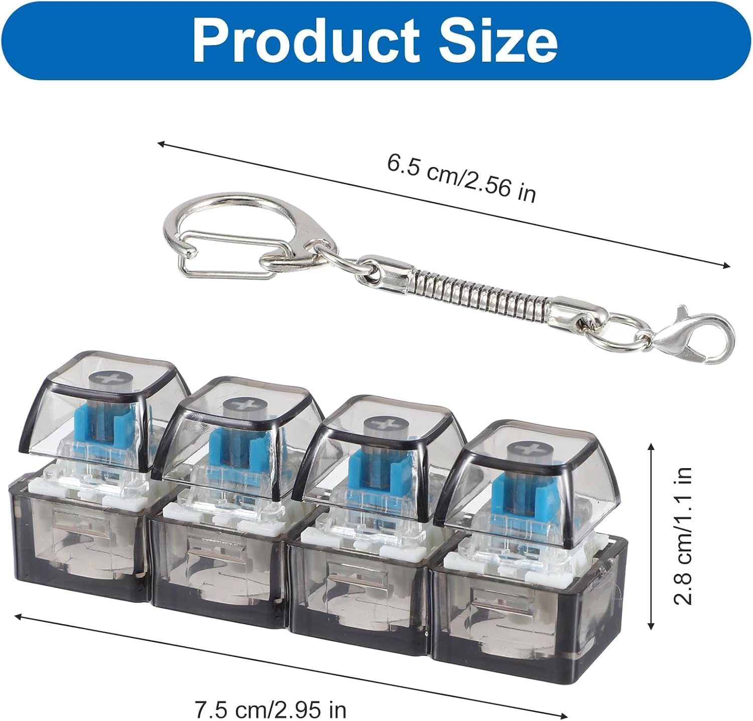 4-Key Mechanical Keyboard Keychain – Clear Acrylic Fidget Toy with Clicky Blue Switches