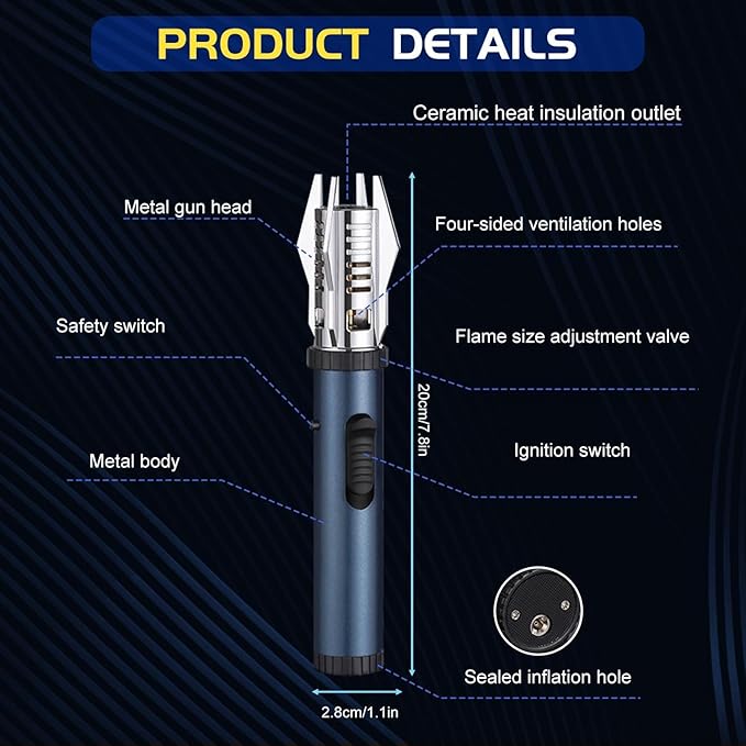 Torch flam Lighter Refillable Butane Gas Windproof Jet Flame Lighters, for Candles Campfires BBQ Baking, Camping, Pack of 1.