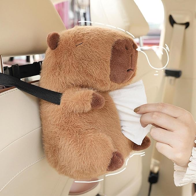 Plush Capybara Car Tissue Box Holder – Soft Animal Headrest & Armrest Paper Dispenser for Home and Vehicle