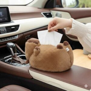 Plush Capybara Car Tissue Box Holder – Soft Animal Headrest & Armrest Paper Dispenser for Home and Vehicle