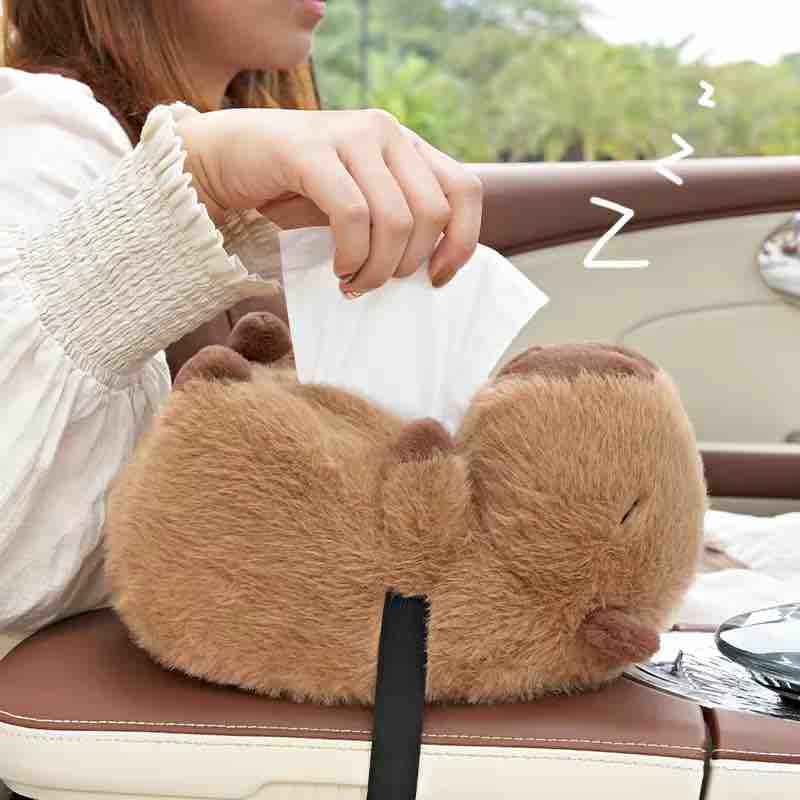 Plush Capybara Car Tissue Box Holder – Soft Animal Headrest & Armrest Paper Dispenser for Home and Vehicle