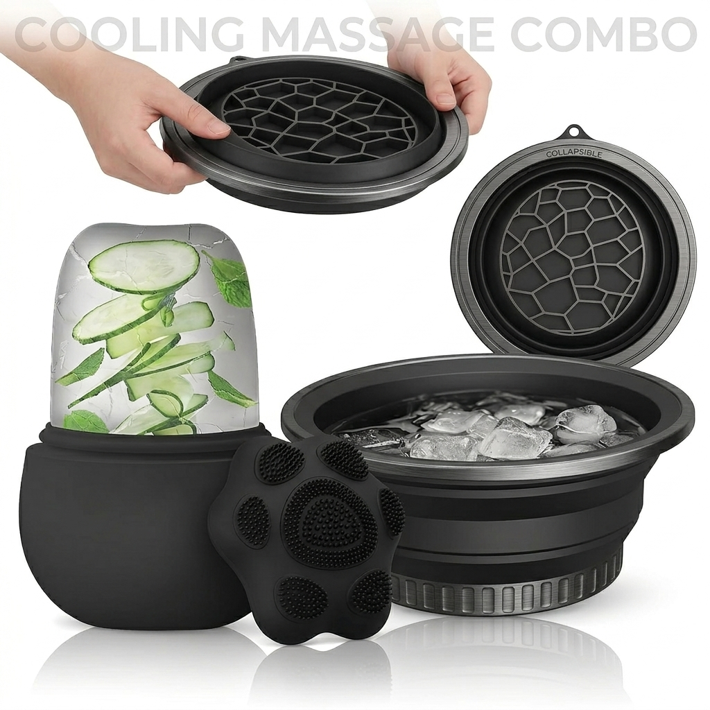 2-in-1 Ultimate Spa Set: Silicone Ice Facial Roller with Collapsible Ice face/foot Soak Bowl for Deep Relaxation, Muscle Recovery, and Skincare