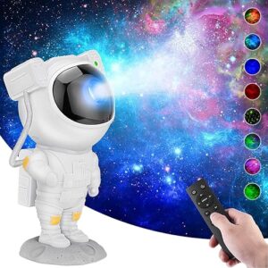 An astronaut-shaped galaxy star projector standing on a moon-crater base, projecting a vibrant blue and pink nebula onto a wall. A hand holds a remote control in the foreground, and a vertical row of circular icons on the right displays eight different color and pattern modes including solid colors and starry constellations.