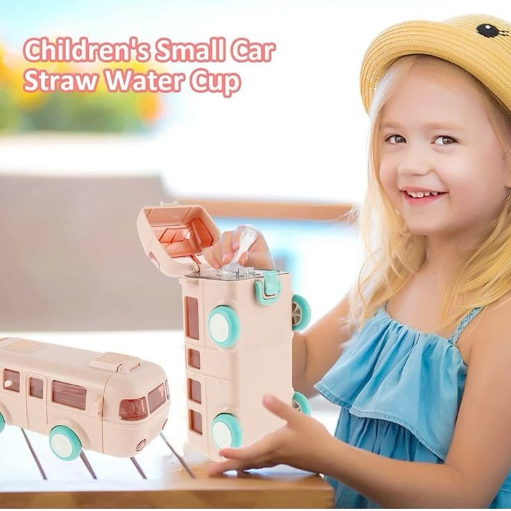 Bus-Shaped Children's Water Bottle with Carrying Strap