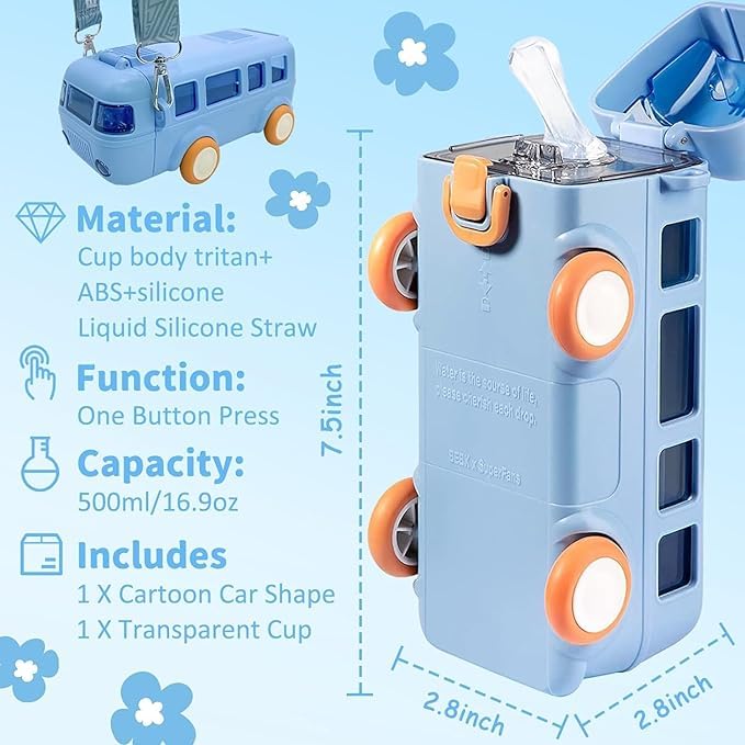 Bus-Shaped Children's Water Bottle with Carrying Strap