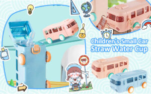 A light blue novelty water bottle shaped like a toy bus, featuring functional orange wheels, a flip-top lid with a clear straw, and an adjustable shoulder strap.